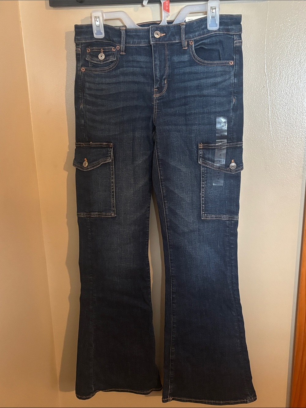 American Eagle Outfitters Dark Blue Stretch Denim Cargo Flare Jeans